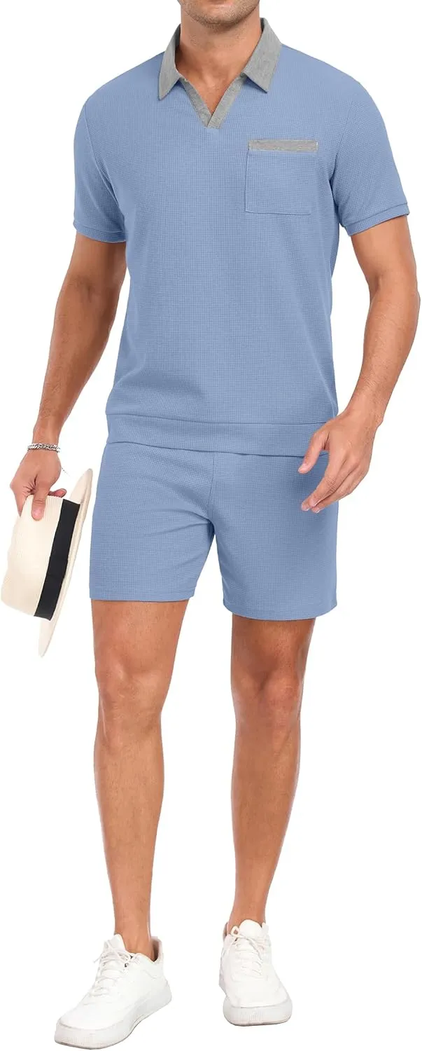 PrinStory Men's Summer Track Suits Waffle Knit Polo Shirt and Shorts Set Casual 2 Pieces Outfits with Pockets