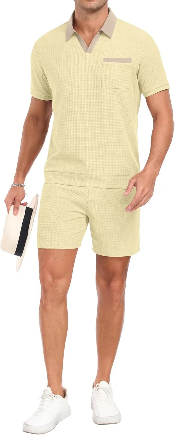 PrinStory Men's Summer Track Suits Waffle Knit Polo Shirt and Shorts Set Casual 2 Pieces Outfits with Pockets