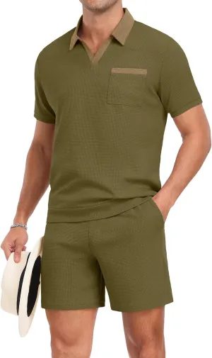 PrinStory Men's Summer Track Suits Waffle Knit Polo Shirt and Shorts Set Casual 2 Pieces Outfits with Pockets