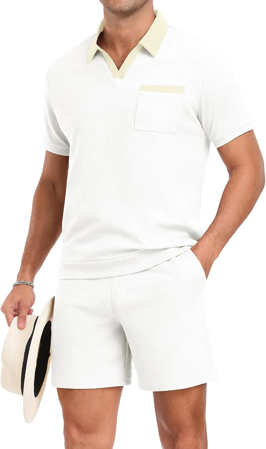 PrinStory Men's Summer Track Suits Waffle Knit Polo Shirt and Shorts Set Casual 2 Pieces Outfits with Pockets