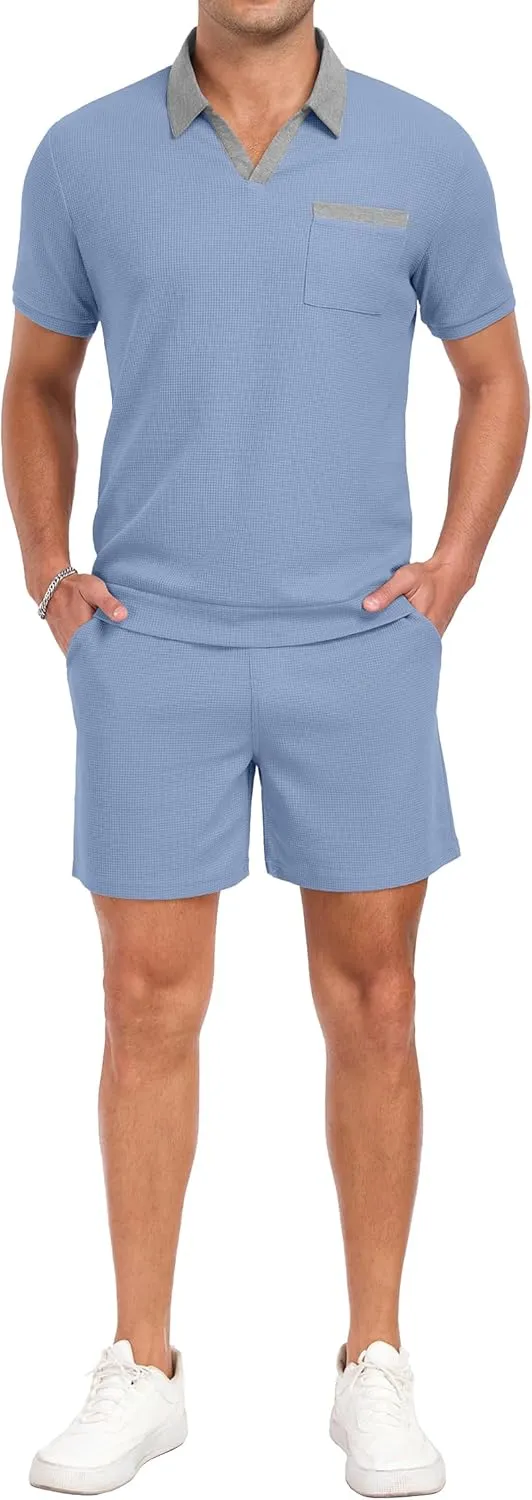 PrinStory Men's Summer Track Suits Waffle Knit Polo Shirt and Shorts Set Casual 2 Pieces Outfits with Pockets