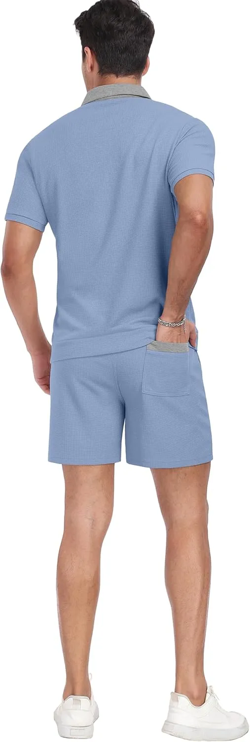 PrinStory Men's Summer Track Suits Waffle Knit Polo Shirt and Shorts Set Casual 2 Pieces Outfits with Pockets
