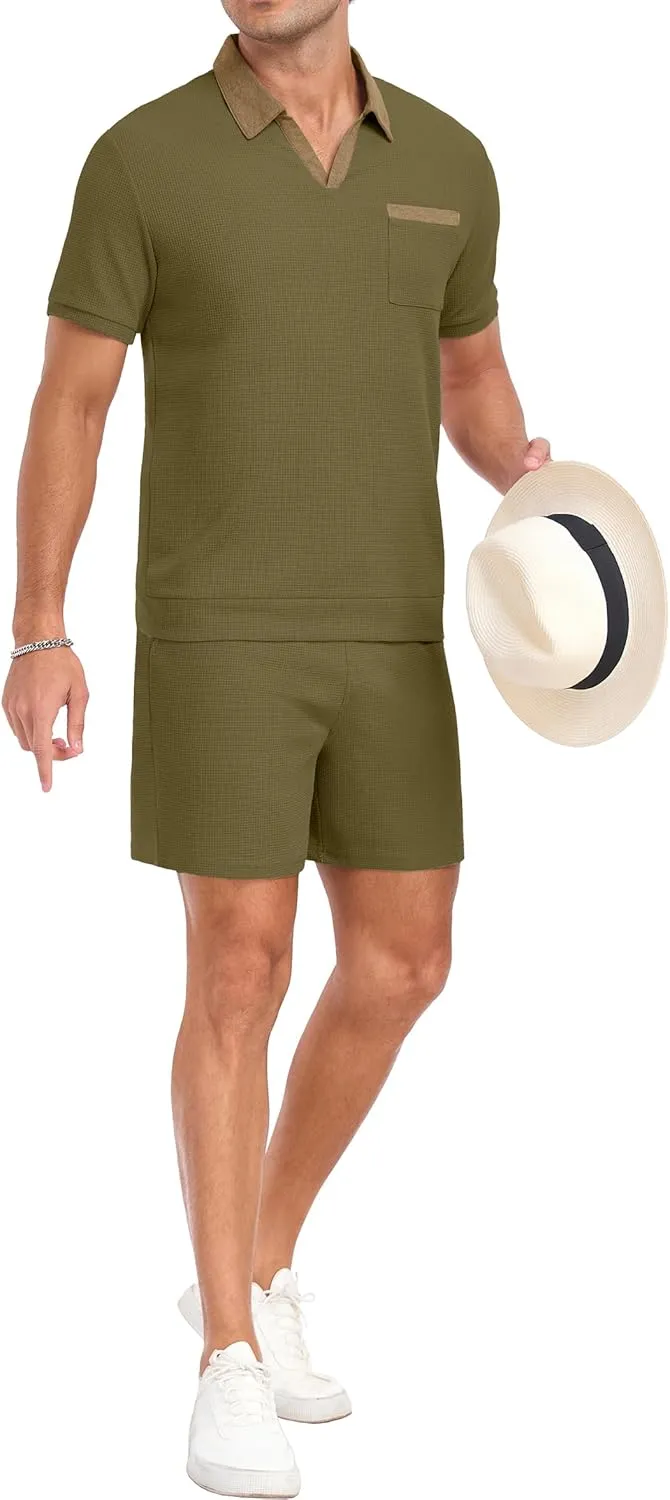 PrinStory Men's Summer Track Suits Waffle Knit Polo Shirt and Shorts Set Casual 2 Pieces Outfits with Pockets