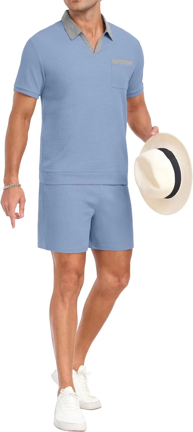 PrinStory Men's Summer Track Suits Waffle Knit Polo Shirt and Shorts Set Casual 2 Pieces Outfits with Pockets