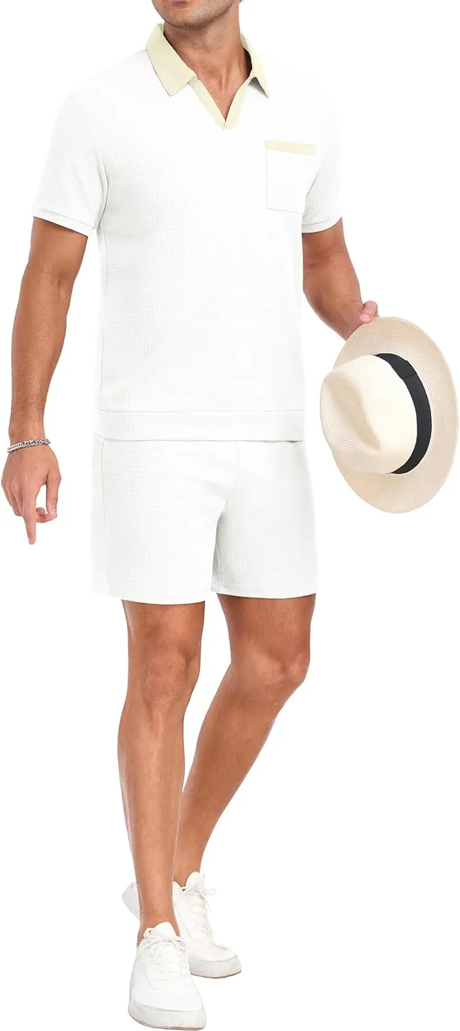 PrinStory Men's Summer Track Suits Waffle Knit Polo Shirt and Shorts Set Casual 2 Pieces Outfits with Pockets