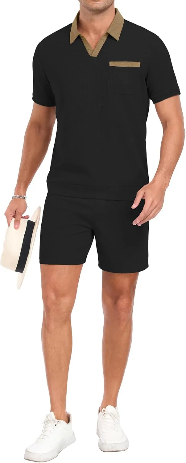 PrinStory Men's Summer Track Suits Waffle Knit Polo Shirt and Shorts Set Casual 2 Pieces Outfits with Pockets