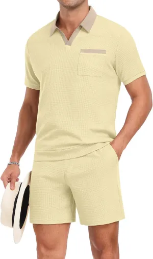 PrinStory Men's Summer Track Suits Waffle Knit Polo Shirt and Shorts Set Casual 2 Pieces Outfits with Pockets