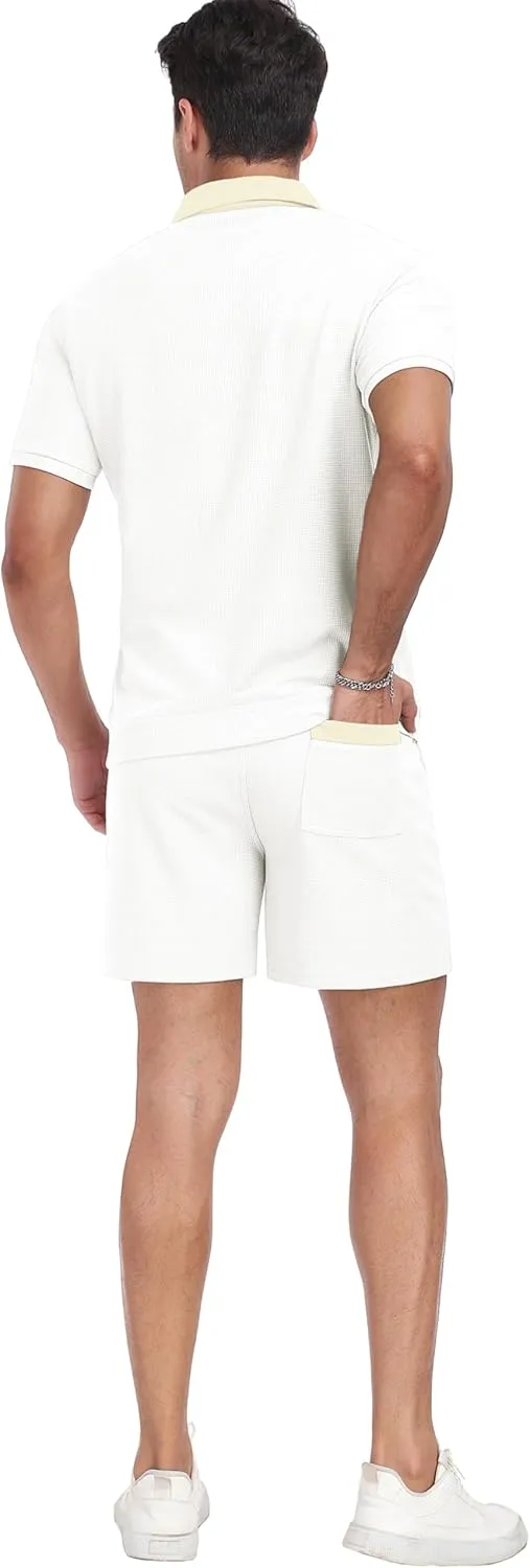 PrinStory Men's Summer Track Suits Waffle Knit Polo Shirt and Shorts Set Casual 2 Pieces Outfits with Pockets