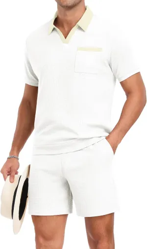 PrinStory Men's Summer Track Suits Waffle Knit Polo Shirt and Shorts Set Casual 2 Pieces Outfits with Pockets