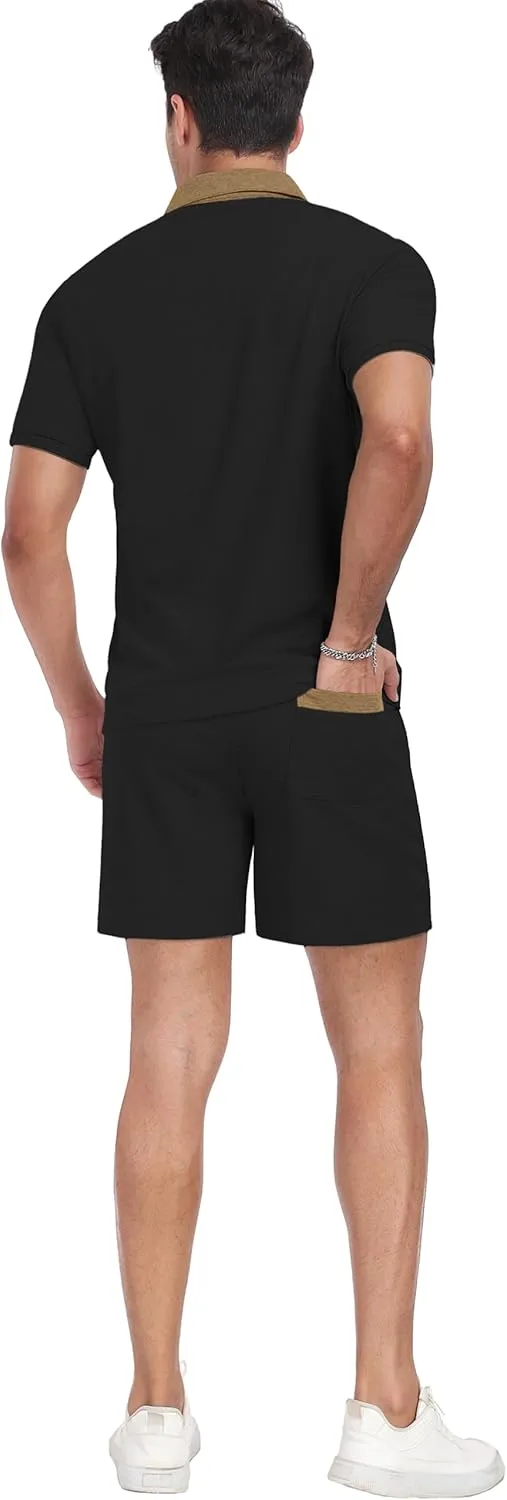 PrinStory Men's Summer Track Suits Waffle Knit Polo Shirt and Shorts Set Casual 2 Pieces Outfits with Pockets