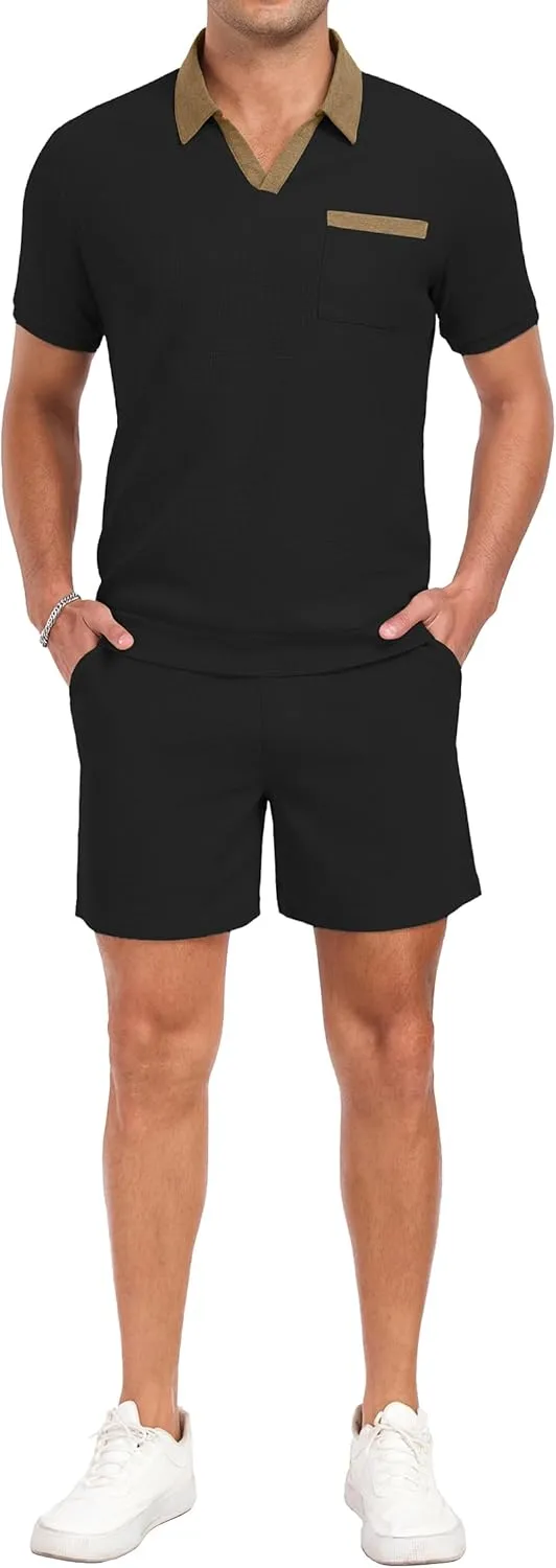PrinStory Men's Summer Track Suits Waffle Knit Polo Shirt and Shorts Set Casual 2 Pieces Outfits with Pockets