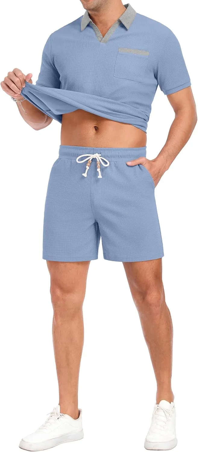 PrinStory Men's Summer Track Suits Waffle Knit Polo Shirt and Shorts Set Casual 2 Pieces Outfits with Pockets