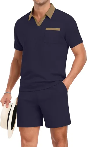 PrinStory Men's Summer Track Suits Waffle Knit Polo Shirt and Shorts Set Casual 2 Pieces Outfits with Pockets