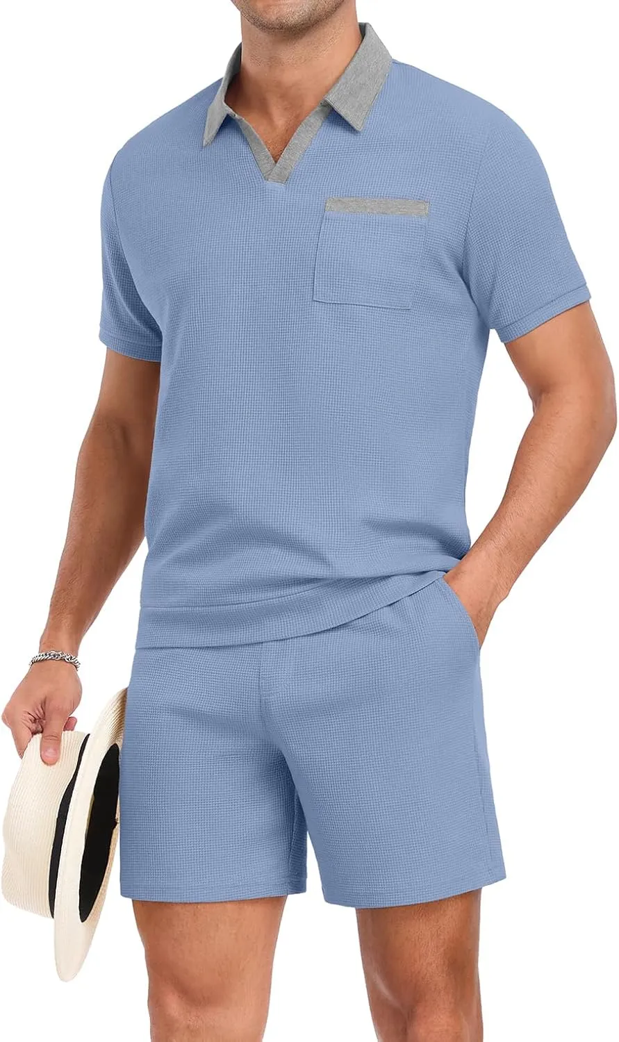 PrinStory Men's Summer Track Suits Waffle Knit Polo Shirt and Shorts Set Casual 2 Pieces Outfits with Pockets