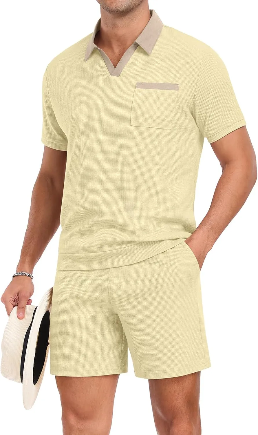PrinStory Men's Summer Track Suits Waffle Knit Polo Shirt and Shorts Set Casual 2 Pieces Outfits with Pockets