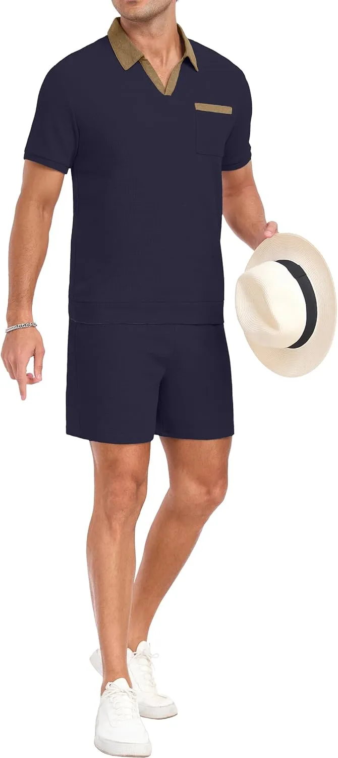 PrinStory Men's Summer Track Suits Waffle Knit Polo Shirt and Shorts Set Casual 2 Pieces Outfits with Pockets