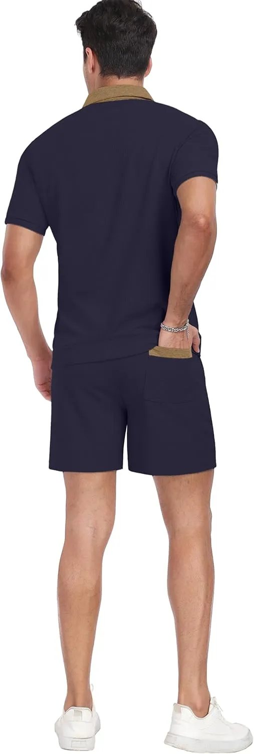 PrinStory Men's Summer Track Suits Waffle Knit Polo Shirt and Shorts Set Casual 2 Pieces Outfits with Pockets