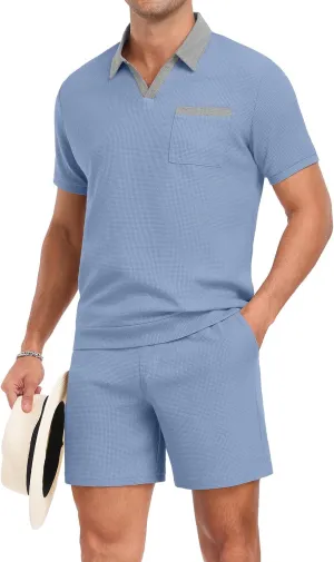 PrinStory Men's Summer Track Suits Waffle Knit Polo Shirt and Shorts Set Casual 2 Pieces Outfits with Pockets