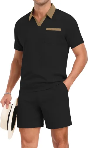 PrinStory Men's Summer Track Suits Waffle Knit Polo Shirt and Shorts Set Casual 2 Pieces Outfits with Pockets
