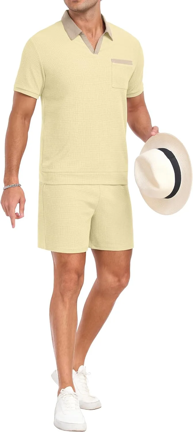 PrinStory Men's Summer Track Suits Waffle Knit Polo Shirt and Shorts Set Casual 2 Pieces Outfits with Pockets