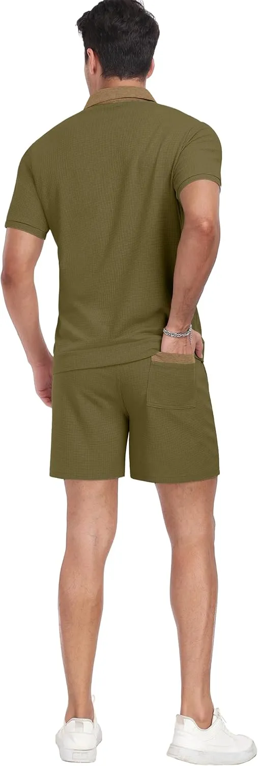 PrinStory Men's Summer Track Suits Waffle Knit Polo Shirt and Shorts Set Casual 2 Pieces Outfits with Pockets