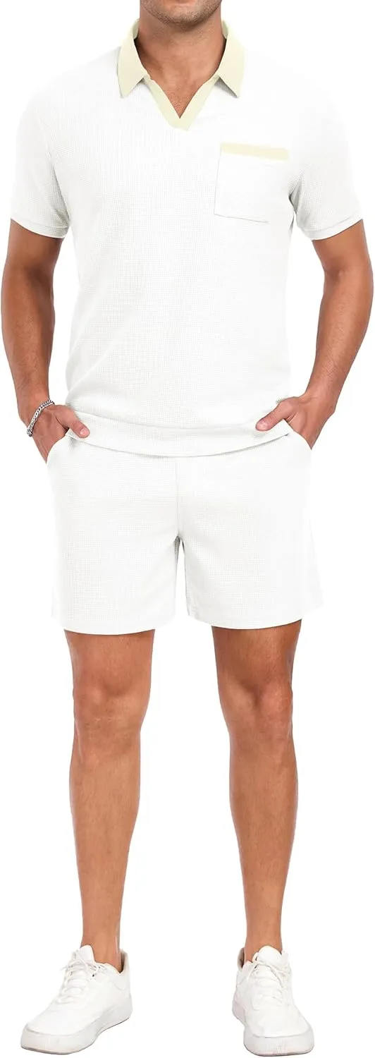 PrinStory Men's Summer Track Suits Waffle Knit Polo Shirt and Shorts Set Casual 2 Pieces Outfits with Pockets