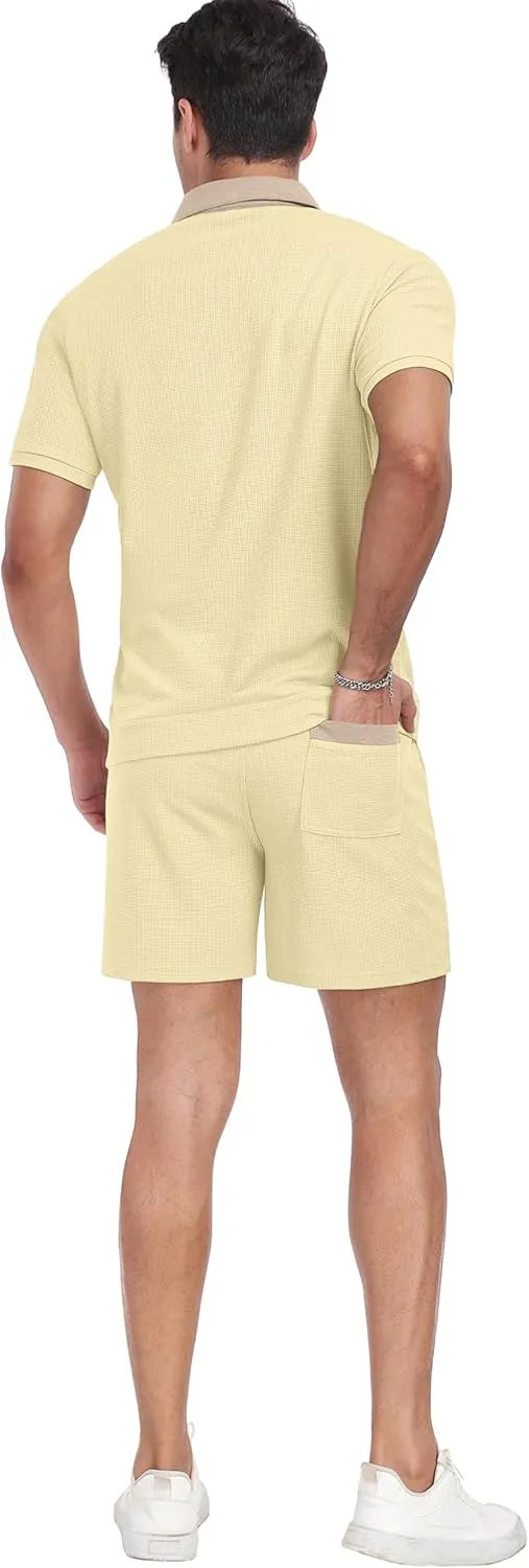 PrinStory Men's Summer Track Suits Waffle Knit Polo Shirt and Shorts Set Casual 2 Pieces Outfits with Pockets