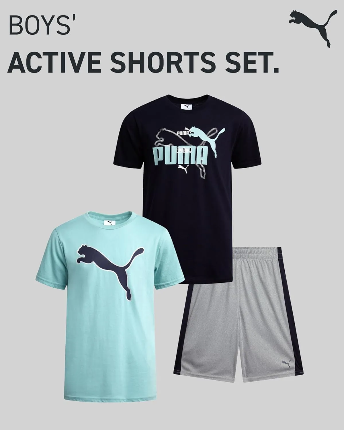 PUMA Boys' Active Shorts Set - 3 Piece Performance T-Shirt, Dry Fit Tank Top, and Gym Shorts - Activewear Set for Boys (4-16)