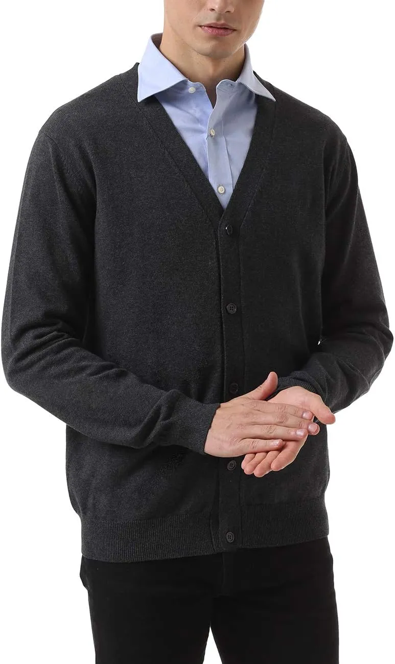 QUALFORT Men's 100% Cotton Cardigan Sweater Casual V-Neck Button Down Knitted Outerwear with Pockets