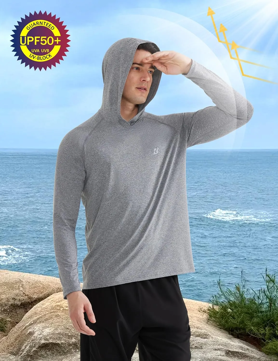 Roadbox Men's UPF 50  Fishing Shirts, Long Sleeve UV Sun Protection SPF Hoodie, Quick Dry Swim Rash Guard for Outdoor Hiking