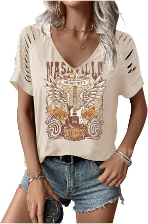 Rock Band T-Shirt for Women V-Neck Country Music Short Sleeved Shirt Retro Nashville Guitar Graphic Hollowed Tee Tops