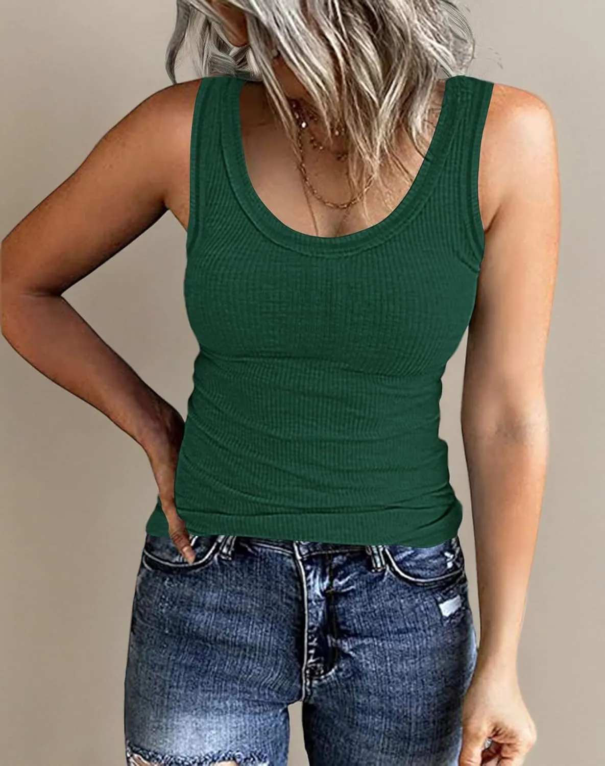 Roselux Womens Sleeveless Scoop Neck Ribbed Knit Fitted Tank Tops Basic Camis Tight Shirts
