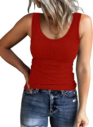 Roselux Womens Sleeveless Scoop Neck Ribbed Knit Fitted Tank Tops Basic Camis Tight Shirts