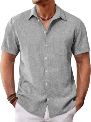 Runcati Mens Button Down Linen Shirt Short Sleeve Casual Summer Beach Wedding Tops