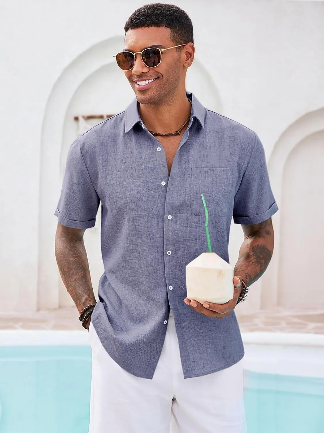 Runcati Mens Button Down Linen Shirt Short Sleeve Casual Summer Beach Wedding Tops