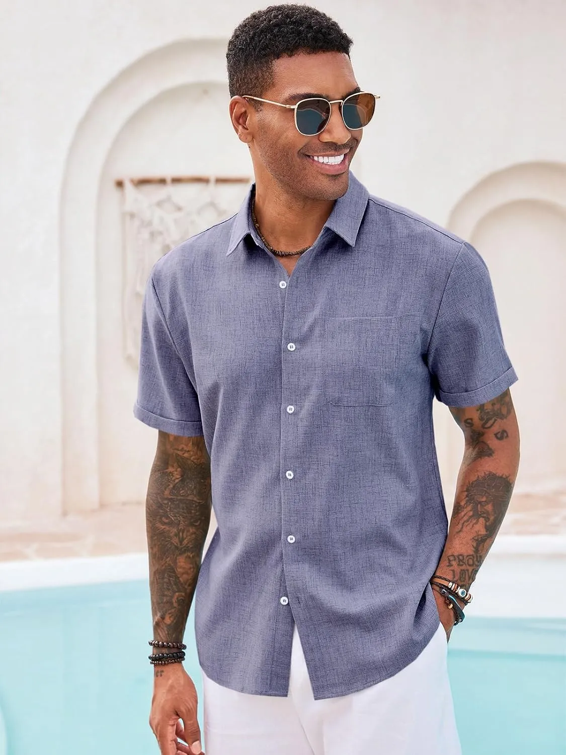 Runcati Mens Button Down Linen Shirt Short Sleeve Casual Summer Beach Wedding Tops