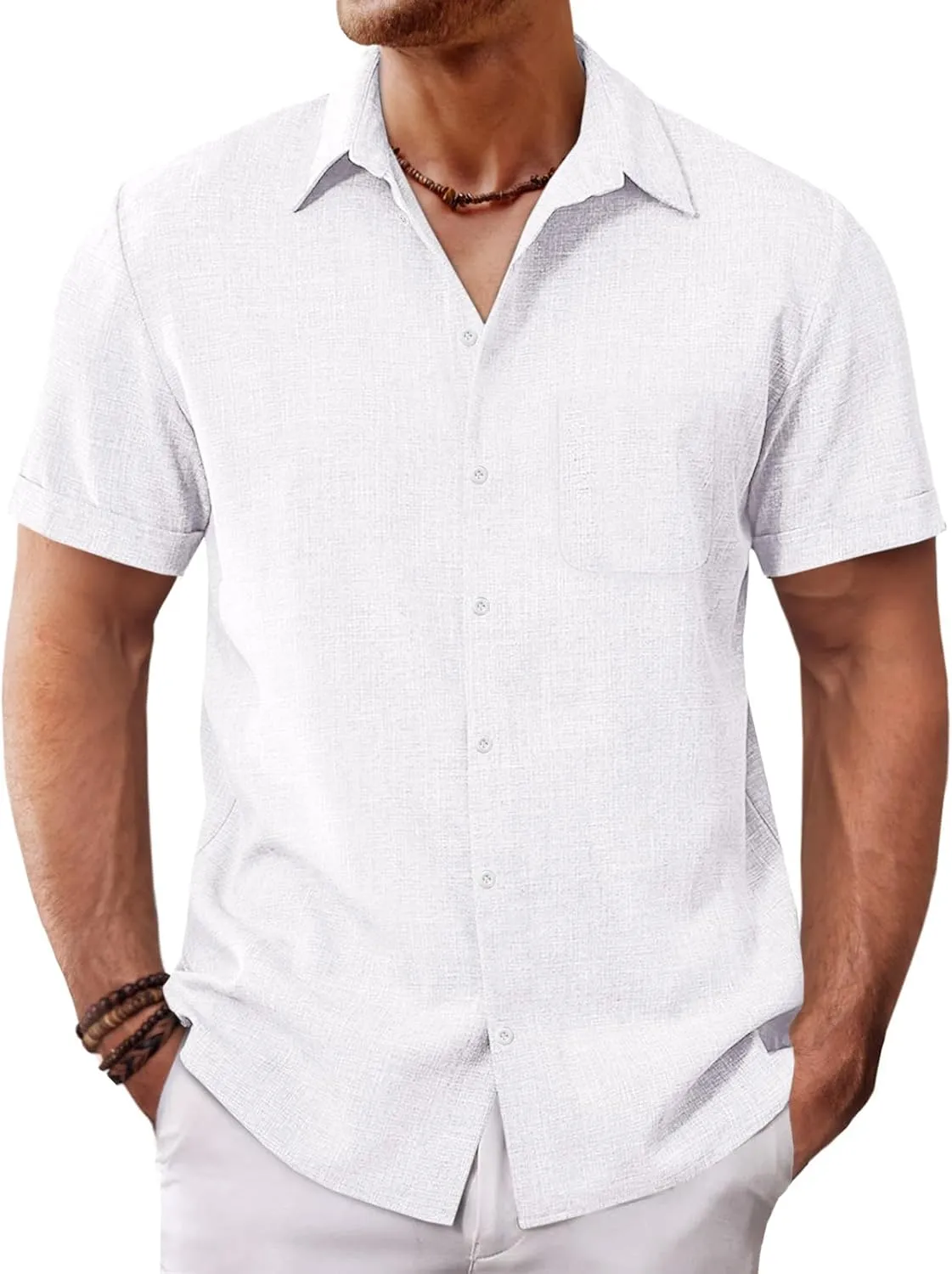 Runcati Mens Button Down Linen Shirt Short Sleeve Casual Summer Beach Wedding Tops