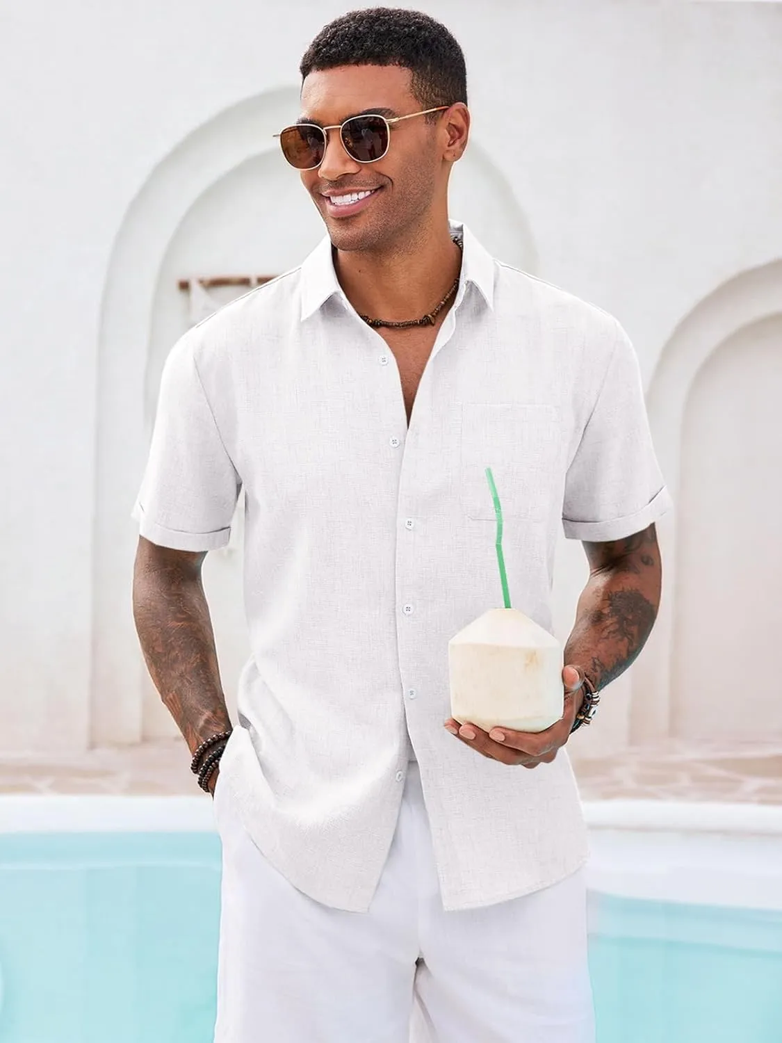 Runcati Mens Button Down Linen Shirt Short Sleeve Casual Summer Beach Wedding Tops