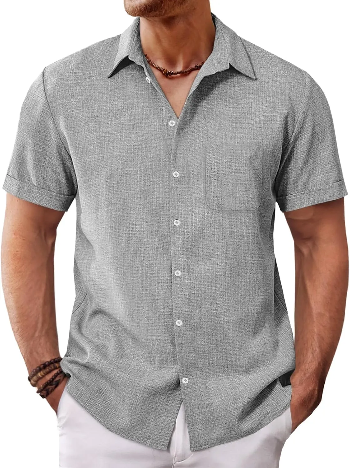 Runcati Mens Button Down Linen Shirt Short Sleeve Casual Summer Beach Wedding Tops