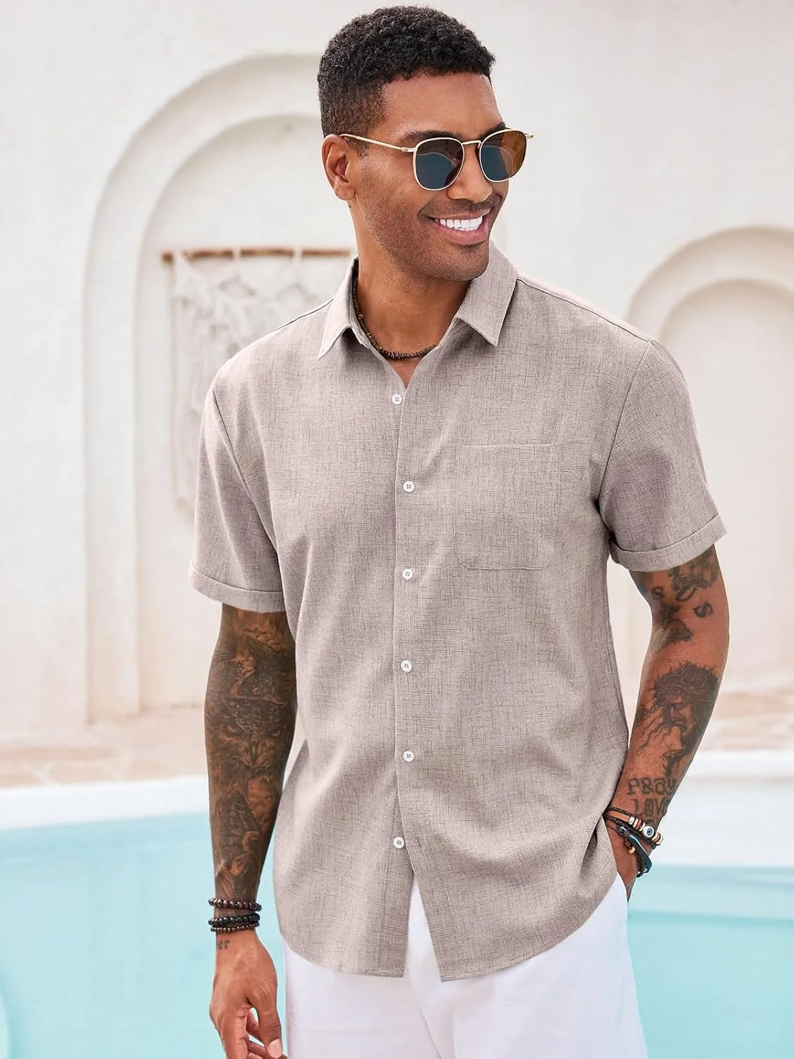 Runcati Mens Button Down Linen Shirt Short Sleeve Casual Summer Beach Wedding Tops