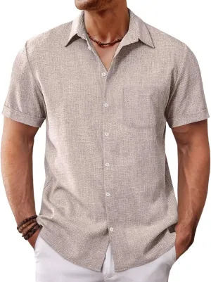 Runcati Mens Button Down Linen Shirt Short Sleeve Casual Summer Beach Wedding Tops