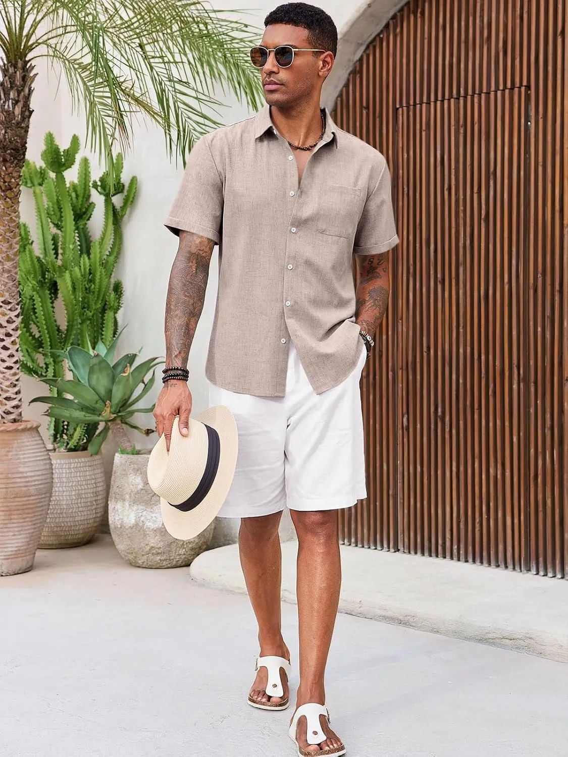 Runcati Mens Button Down Linen Shirt Short Sleeve Casual Summer Beach Wedding Tops