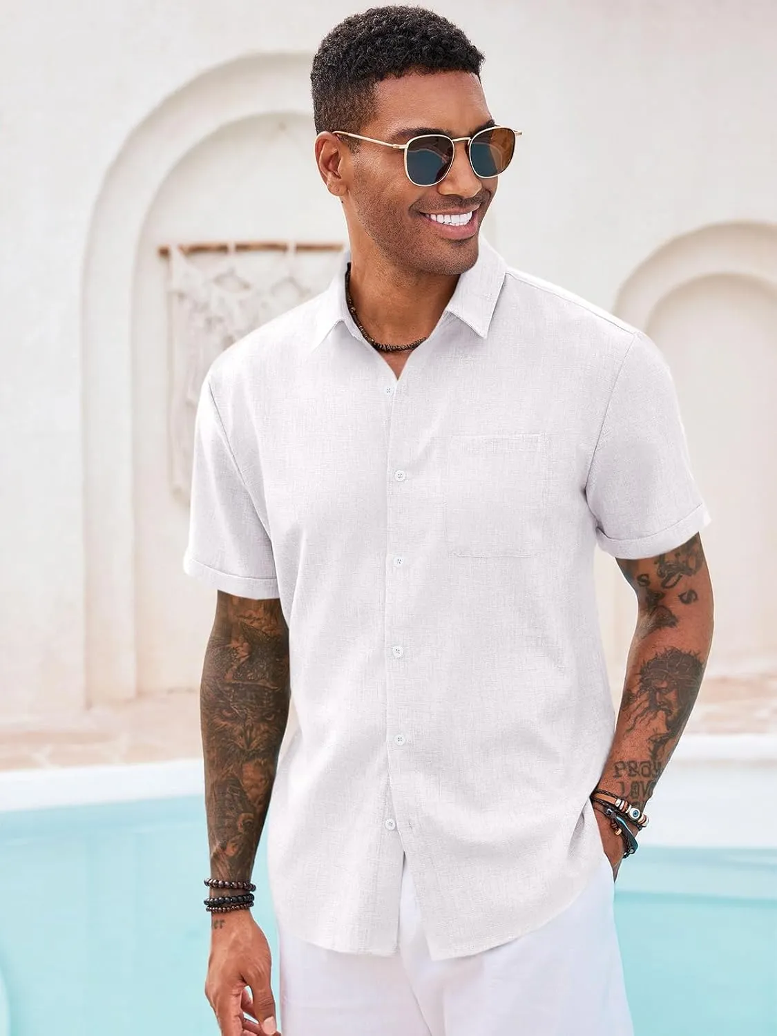Runcati Mens Button Down Linen Shirt Short Sleeve Casual Summer Beach Wedding Tops