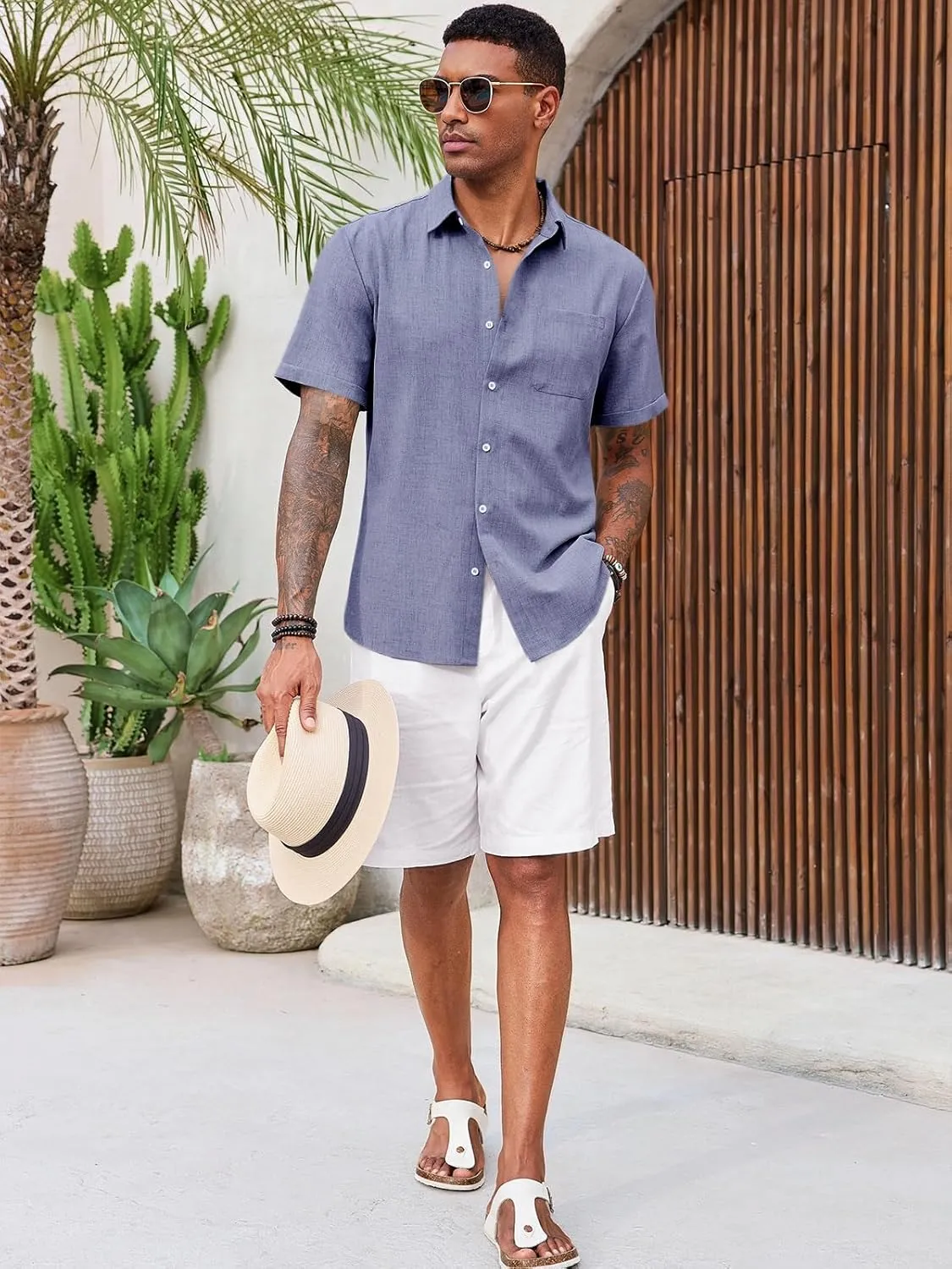 Runcati Mens Button Down Linen Shirt Short Sleeve Casual Summer Beach Wedding Tops