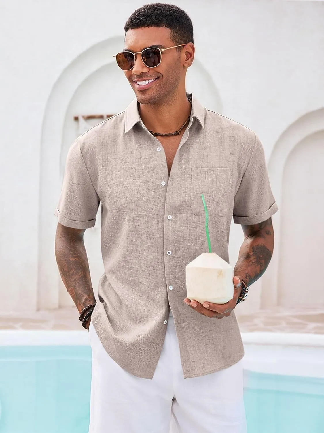 Runcati Mens Button Down Linen Shirt Short Sleeve Casual Summer Beach Wedding Tops