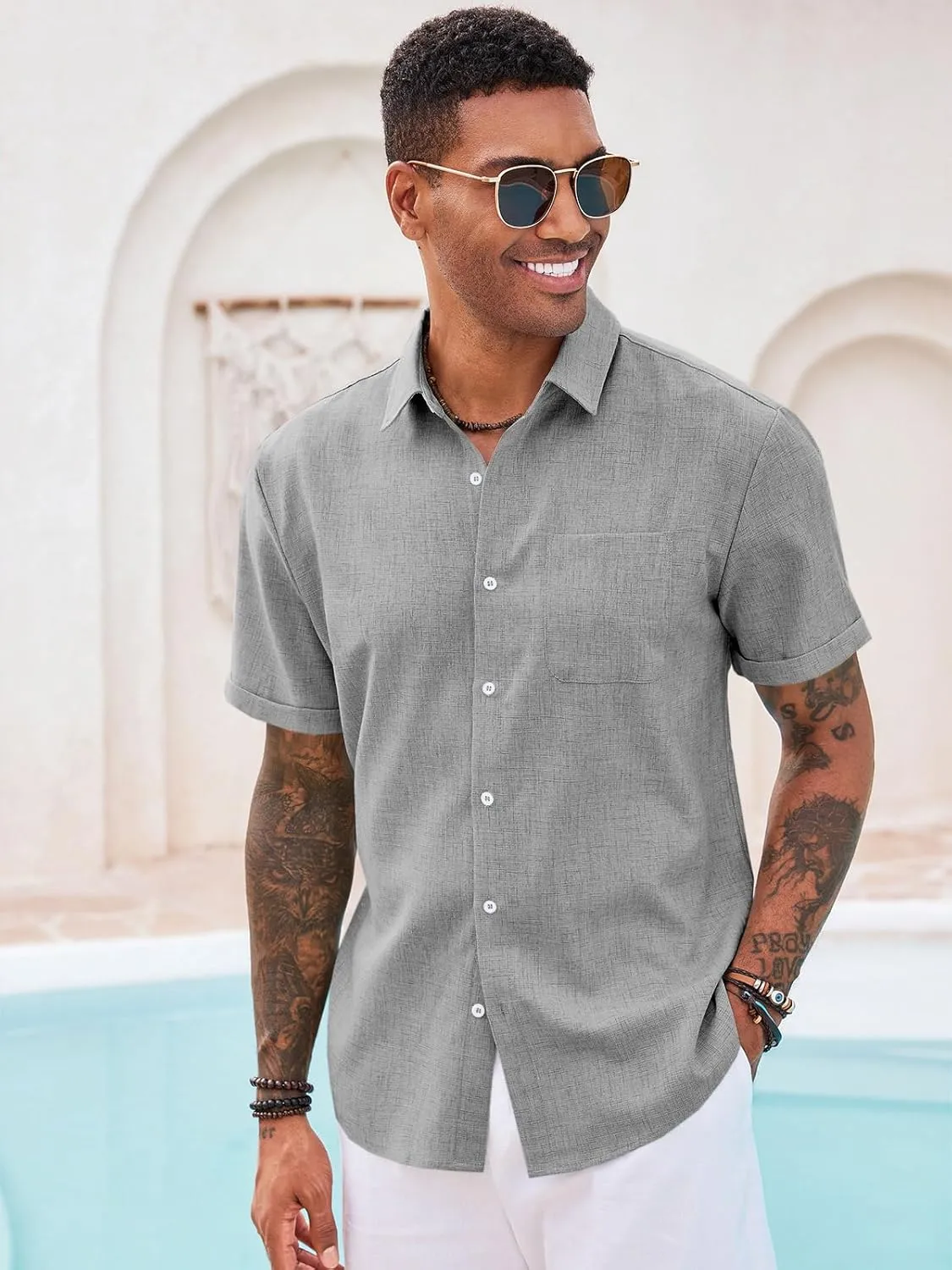 Runcati Mens Button Down Linen Shirt Short Sleeve Casual Summer Beach Wedding Tops