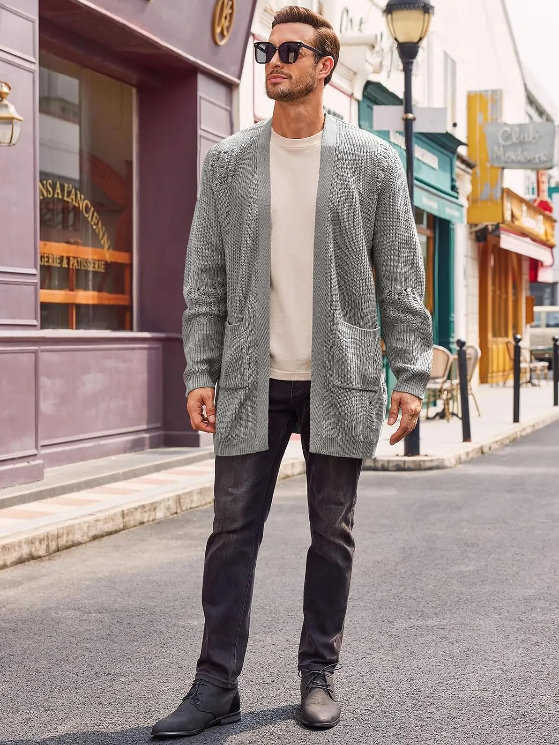 Runcati Men's Long Cardigan Sweater Casual Open Front Shawl Collar Long Sleeve Ripped Sweater with Pockets