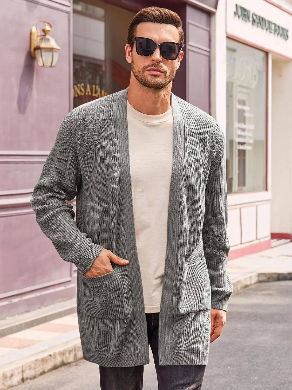Runcati Men's Long Cardigan Sweater Casual Open Front Shawl Collar Long Sleeve Ripped Sweater with Pockets