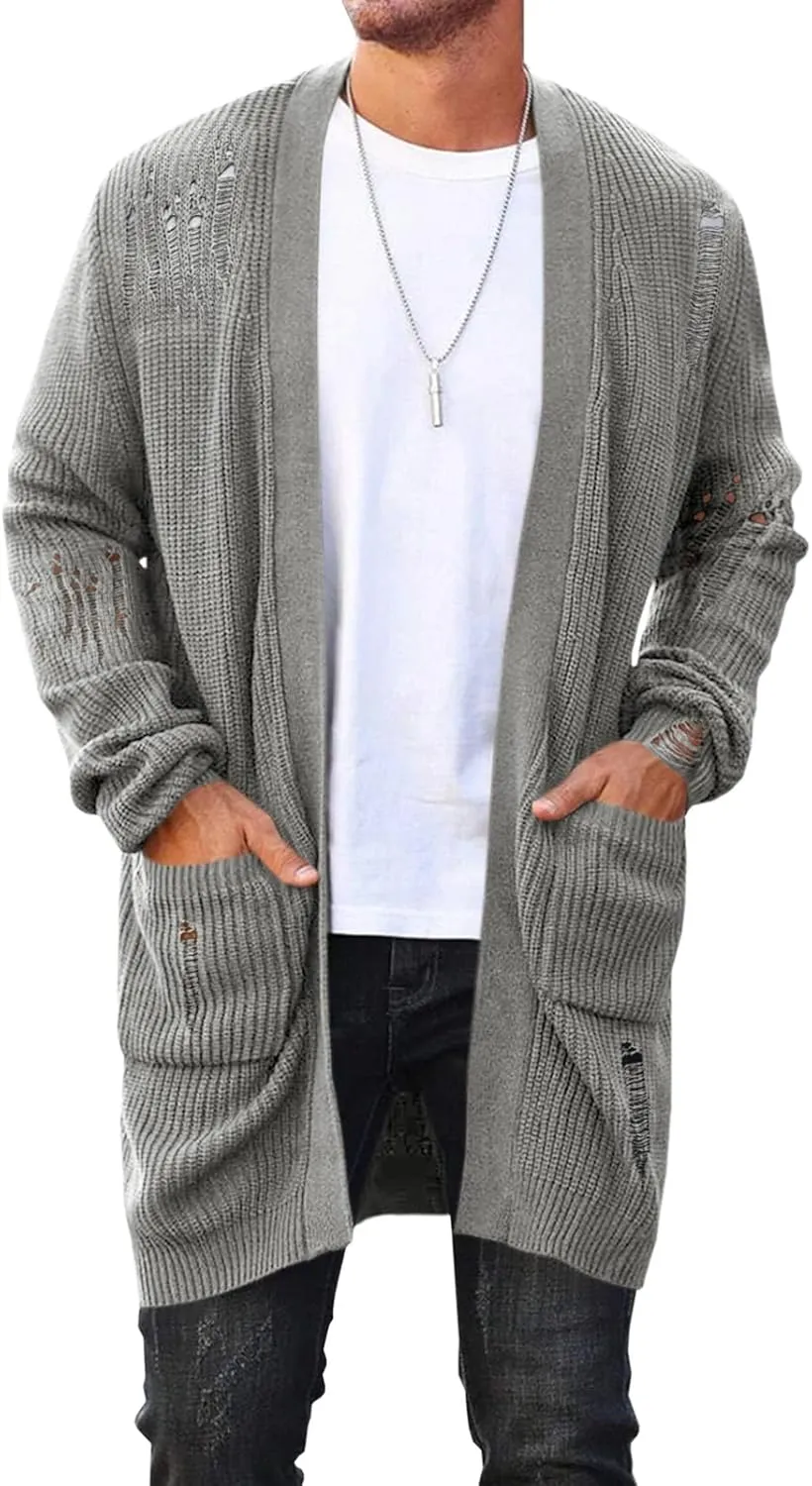Runcati Men's Long Cardigan Sweater Casual Open Front Shawl Collar Long Sleeve Ripped Sweater with Pockets