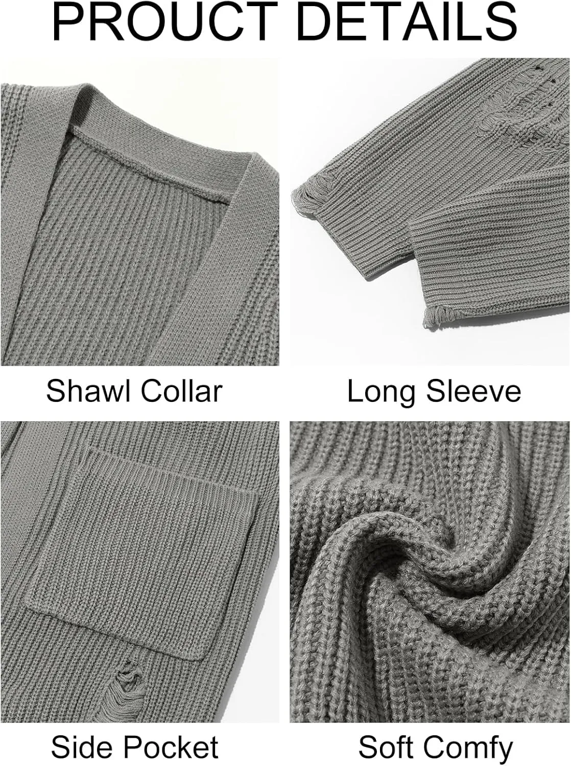 Runcati Men's Long Cardigan Sweater Casual Open Front Shawl Collar Long Sleeve Ripped Sweater with Pockets
